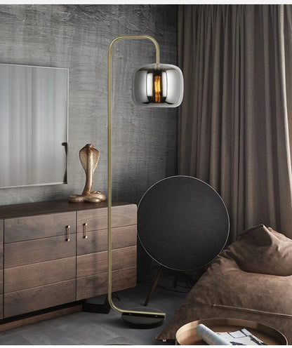 LAMPADAIRE DESIGN AVEC BOULE EN VERRE FUMÉ